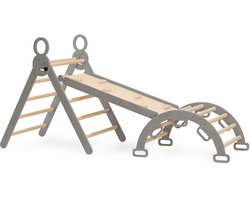 Deryan Luxe Opvouwbare Driehoek met Klimboog en Helling met Klimrek/Glijbaan - Montessori Meubels Houten Speelgym - Grijs