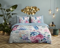 Descanso dekbedovertrek bloemen - 1 persoons 140x200/220 cm - Grijs - 100% Katoen satijn