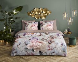Descanso dekbedovertrek bloemen - 1 persoons 140x200/220 cm - Grijs - 100% Katoen satijn