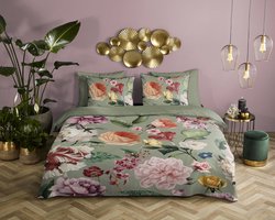 Descanso dekbedovertrek bloemen - 1 persoons 140x200/220 cm - Groen - 100% Katoen satijn
