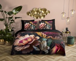 Descanso dekbedovertrek bloemen - 2 persoons (200x200/220 cm) - Antraciet - 100% Katoen satijn