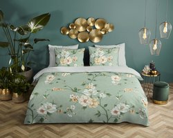 Descanso dekbedovertrek bloemen - 2 persoons 200x200/220 cm - Groen - 100% Katoen satijn