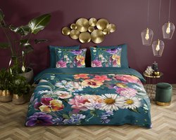 Descanso dekbedovertrek bloemen - 2 persoons 200x200/220 cm - Petrol - 100% Katoen satijn