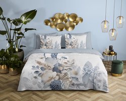 Descanso dekbedovertrek bloemen en bladeren - 2 persoons 200x200/220 cm - Grijs - 100% Katoen satijn