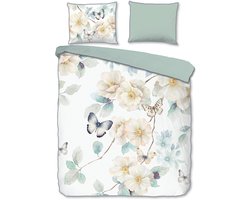 Descanso dekbedovertrek bloemen en vlinders - Lits jumeaux 240x200/220 cm - Wit - 100% Katoen satijn