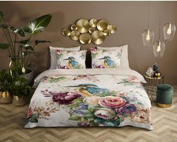 Descanso dekbedovertrek bloemen en vogels - 2 persoons 200x200/220 cm - Zand - 100% Katoen satijn