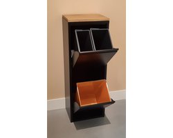 Design afvalbak - vuilnisbak - vuilnisemmervoor afvalscheiding met 3 binnenemmers 33 liter totaal - afgewerkt met eiken paneel. Zwart