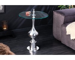 Design bijzettafel ABSTRACT 45cm zilver metaal chroom handgemaakt glazen blad rond - 42227