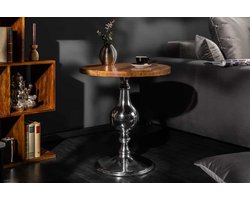 Design bijzettafel EXTRAVAGANCIA 50cm massief mangohout ronde metalen kolomvoet zilver - 39090