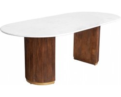 Design eettafel GATSBY 240cm bruin goud mangohout ovaal wit marmeren blad - 44084