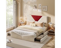 Design Fluwelen Bed 140x200 Beige met Rood Design Paneel en 4 Lades – Modern Tweepersoonsbed met Opbergruimte