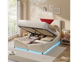 Design Fluwelen Opbergbed 140x200 Beige met Rood Design Paneel en LED – Modern Hydraulisch Tweepersoonsbed