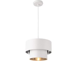 Design hanglamp met een hoogte van 149 cm en een witte stoffen kap
