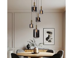 Design hanglamp zwart met smoke glas en gouden details, 5-lichts - Cinque