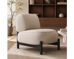 Design Moderne Fauteuil – Trendy Minimalistische Accentstoel met Gebogen Houten Poten, Modern Design, Scandinavische Stoel, Japandi Meubel, Armloze Lounge Chair, Stoel voor Woonkamer, Slaapkamer, Hal en Kleine Ruimtes