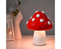 Design Paddenstoel Tafellamp – Vliegenzwam Nachtlampje met Geïntegreerde LED & USB Aansluiting – Retro Pop Art Sfeerlamp voor Slaapkamer & Woonkamer | Rood & Wit | 23 cm