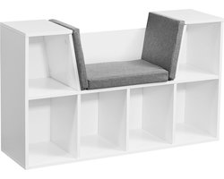 Design Plank met Zitting - Vrijstaande Plank met Grijze Zittingbekleding - Bank met 6 Vakken - Wit Mat - 101,5 x 61,5 x 30 cm