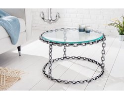Design salontafel CHAINS 65cm zilver handgemaakt metalen rond glazen blad kettingframe - 42235