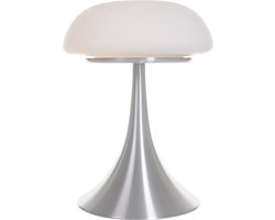 Design tafellamp Ancilla | staal geborsteld & wit glas | Ø 30 cm kap | 39 cm hoog | 2 lichts E14 | transparante kabel | modern interieur