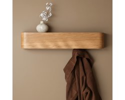 Design Wand Kapstok met Plank – Bergen Oak – Massief Grenenhout – 5 Haken – L53 x D7,5 x H10 cm