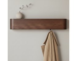 Design Wand Kapstok met Plank – Bergen Walnut – Massief Grenenhout – 5 Haken – L53 x D7,5 x H10 cm