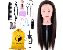 Desire of Goods Oefenhoofd Kappershoofd Kastanjebruin - Met tafelklem & Styling Accessoires - Kappop - Kaphoofd - 70 cm