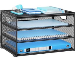 Desk Organizer met 4 Niveaus - Net Briefenbak met Handvat, Tijdschriftenhouder en Papieropslag voor Kantoor en Thuis (Zwart)