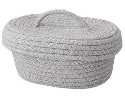 Desktop Storage Box with Lid, Handmade Oval Cotton Rope Lid Woven Nursery Storage Container Multifunctional Storage Basket for Makeup Sundries Snack Needles (Grey)