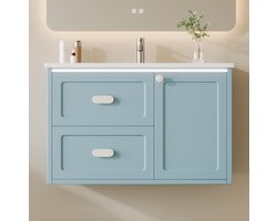 DESMIU Badkamerkast - Wandgemonteerd Wastafelmeubel Met LED Radarsensor En 2 Lades - Voor Badkamer - MDF En Keramiek - 76x46x51 Cm - Blauw