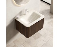 DESMIU Badkamermeubel - Hangend Met Geïntegreerde Wastafel En Ledverlichte Lade - Voor Badkamer - Gesinterde Steen - 60 x 46 x 36 Cm - Walnoot