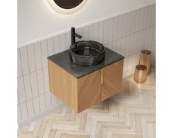 DESMIU Badkamermeubel - Wandhangend Met Opbouw Waskom - Zwarte Glazen Waskom En Sintersteen - 2 Deuren - 61x50x52,6 Cm - Bruin Eiken