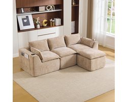 DESMIU Bank Set 3 Zits 256 Cm Met Voetbank Comfortabel Met Kussens Bekerhouder En Zijvakken Voor Woonkamer En Ontvangstruimte Van Chenille Khaki