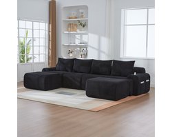 DESMIU Bank Set 333 Cm - Modulaire 4-Zits Met 2 Hockers, Bekerhouder En Opbergtas - Voor Woonkamer En Familiekamer - Corduroy Zwart