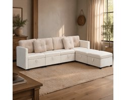 DESMIU Bank - U Bank - 6 Zits - Modulaire Bank Met Opbergruimte En Slaapfunctie - Voor Woonkamer En Lounge - Velvet Beige