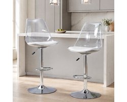 DESMIU Barkruk 45,7 cm - Set Van 2 Hoogte Instelbare 360 Graden Draaibare Barkrukken - Voor Keuken En Bistro - Kunstleer Metaal Kunststof - Transparant Wit Zilver