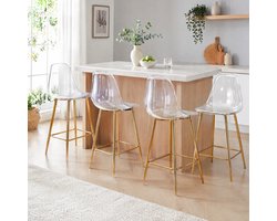 DESMIU Barkruk - Set Van 4 - Transparant Met Rugleuning En Voetsteun - Voor Keukeneiland, Bar En Eetkamer - Kunststof Goud