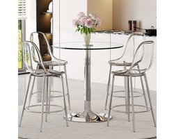 DESMIU Barset 89 Cm Glazen Bartafel Met 4 Transparante Barkrukken Met Metalen Frame En Voetensteun Voor Keuken En Bar Zilver