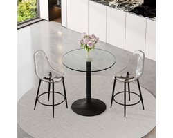 DESMIU Barset 89 Cm - Transparante Glazen Tafel Met 2 Barkrukken En Zwevend Design - Voor Open Keuken En Bar - Glas Metaal Kunststof - Zwart Transparant