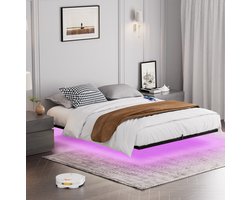 DESMIU Bed 160x200 cm – Zwevend Metalen Bed Met LED-Verlichting & Oplaadstation – Metalen Lattenbodem – Opbergtas – Voor Volwassenen/Slaapkamer – Staal – Zwart – Zonder Matras