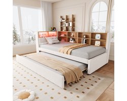 DESMIU Bedbank 90 x 200 cm Zonder Matras Opklapbed Met Uitschuifbed En Ledverlichting Opbergruimte Voor Slaapkamer Jeugdkamer Flanel Beige