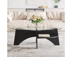 DESMIU Bijzettafel - Ovaal Glazen Blad Met Fächer Onderstel - Modern En Minimalistisch Voor Woonkamer, Balkon En Slaapkamer - MDF En Glas - Zwart Transparant - 104,9x60x35,6 Cm