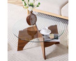 DESMIU Bijzettafel – Ronde Glazen Tafel Met Waaiergestel – Voor Woonkamer Balkon En Slaaphoek – MDF In Notenlook En Glas – Ø 80 X 36 Cm