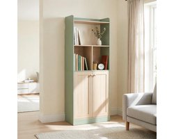 DESMIU Boekenkast - Open En Dichte Opbergkast Met Displayvak - Voor Woonkamer En Werkkamer - Spaanplaat En MDF - Groen En Hout - 60x30x161,2 Cm
