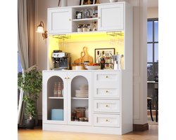 DESMIU Buffetkast - Met Ledverlichting En Grote Opbergruimte - 4 Deuren En Laden Voor Keuken En Woonkamer - MDF En Glas - 120x40x188 Cm - Wit