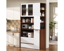 DESMIU Buffetkast - Met Uitschuifbare Plank En Verstelbare Legplanken - Voor Keuken Woonkamer En Eetkamer - MDF - 100x40x200 Cm - Wit Notelaar