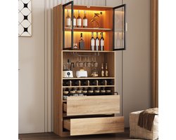 DESMIU Buffetkast - Vitrinekast Met Glazen Deuren En Ledverlichting - Met Open Vakken En Lades - MDF - 80x40x180 Cm - Naturel