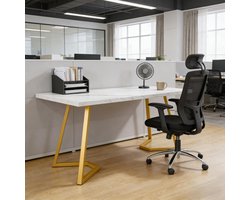 DESMIU Bureau - Computertafel Met Marmerlook Blad En Metalen Poten - Voor Thuiswerkplek En Woonruimte - Wit Goud - 140x80x75 Cm