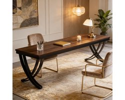 DESMIU Bureau - Dubbele Lange Computertafel Voor Twee Personen - Ruim Werkblad Voor Kantoor En Thuiswerkplek - Metaal En Spaanplaat - 200x70x75 Cm - Zwart Rustiek Bruin