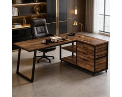 DESMIU Bureau - L Vormig Hoekbureau Met Laden En Open Vakken - Omkeerbaar Voor Kantoor En Thuiswerkplek - Hout En Metaal - 135x100x75 Cm - Zwart Bruin