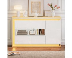 DESMIU Dressoir - Hoogglans Kast Met LED-Verlichting En Gehard Glazen Deuren - Voor Woonkamer Hal En Kantoor - Spaanplaat - 140x40x84 Cm